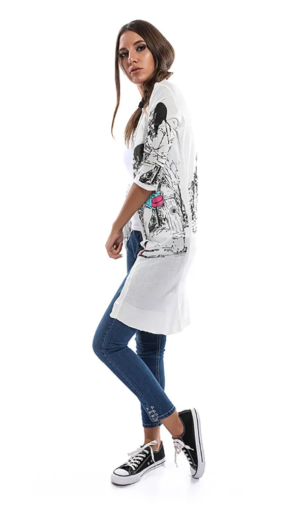 47063 Stylish Girl Casual Printed Women Cardigan - White