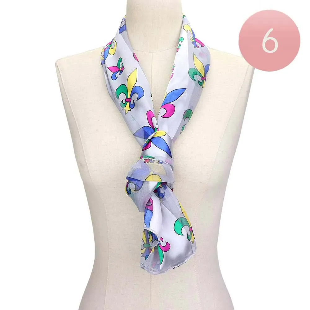 6PCS Silk Satin Mardi Gras Fleur de Lis Patterned Scarves