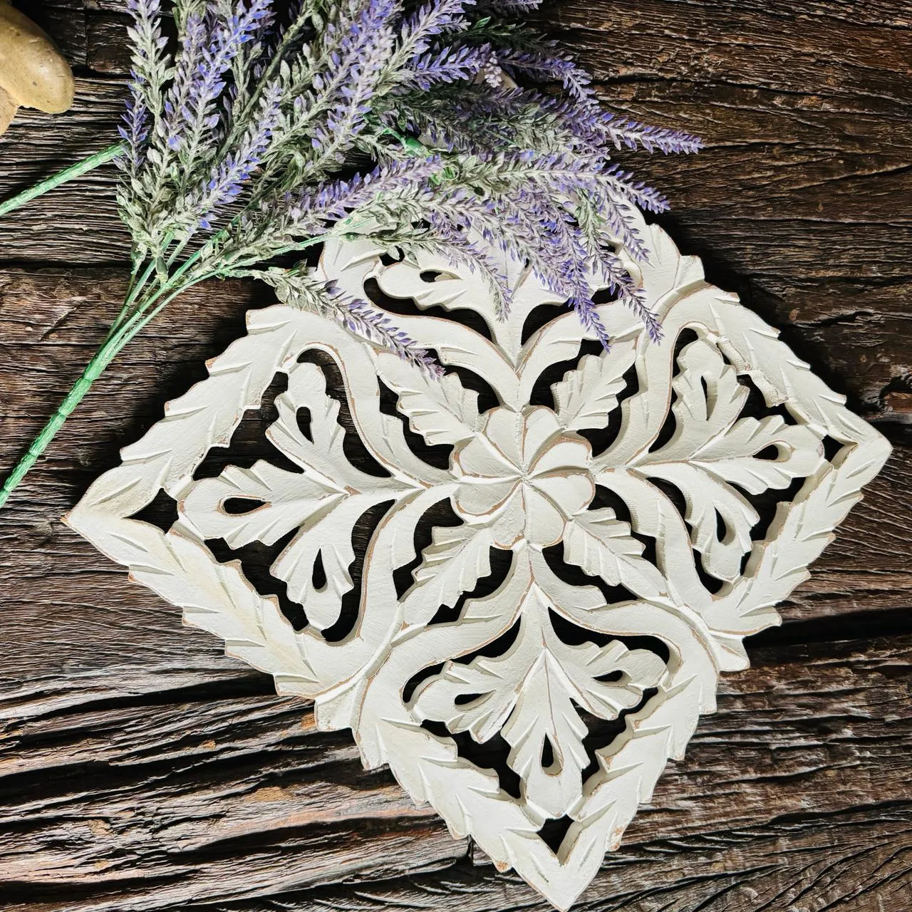 Aarav  1: Stylish White Carved  Wooden Trivet