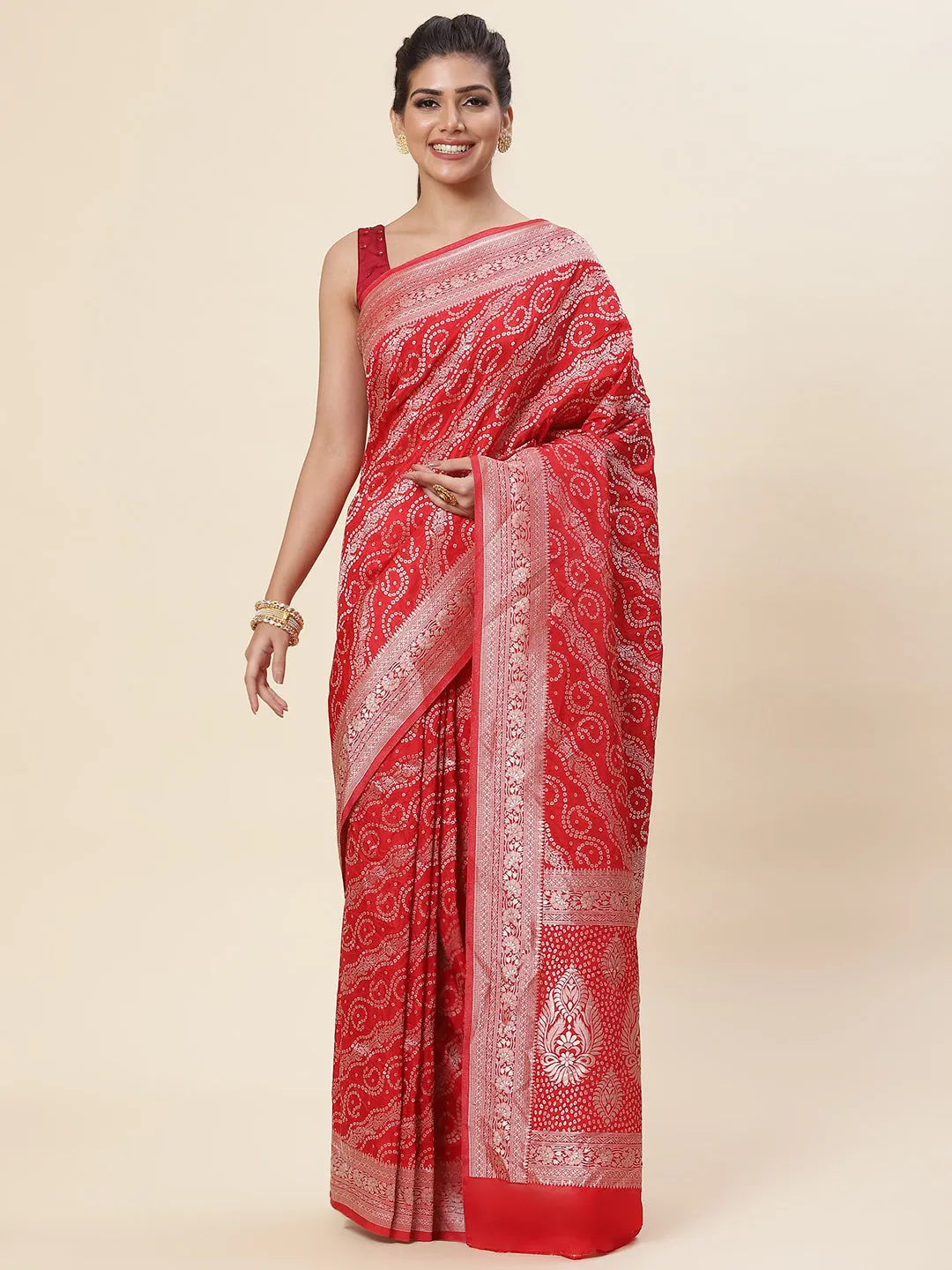 Bandhani Printed Crepe Plain Saree