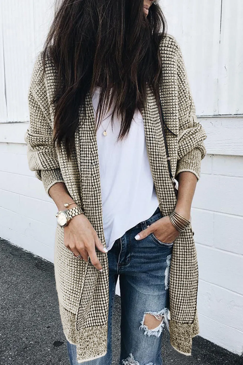 Beige Plaid Knitted Open Front Cardigan