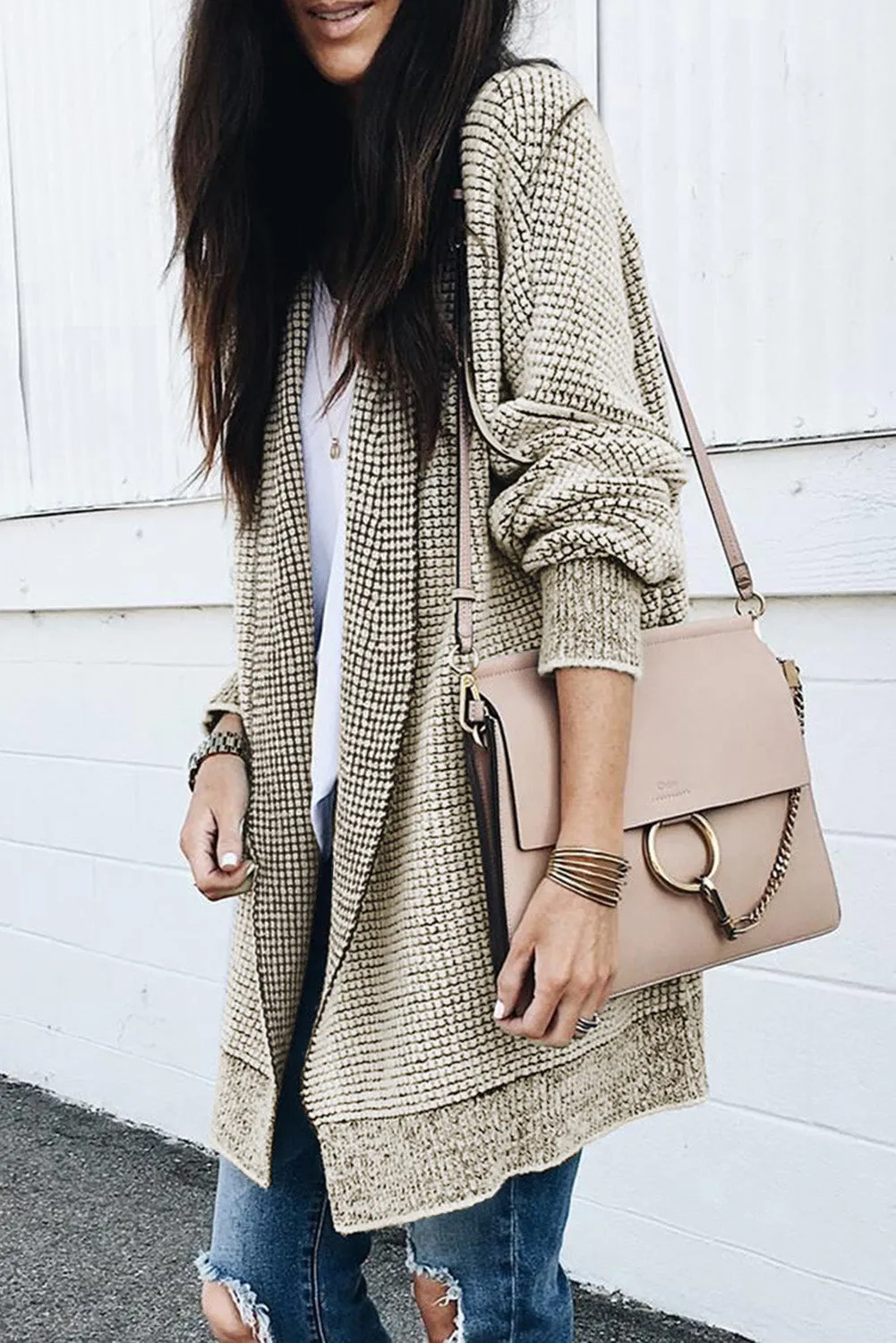 Beige Plaid Knitted Open Front Cardigan