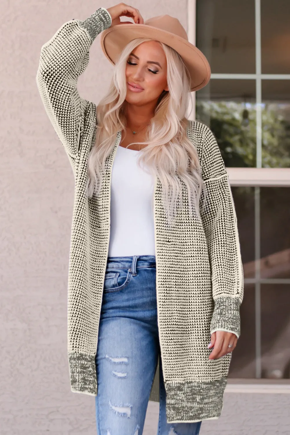 Beige Plaid Knitted Open Front Cardigan