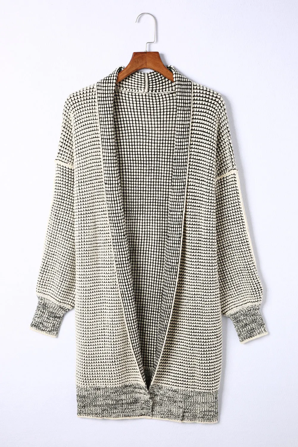 Beige Plaid Knitted Open Front Cardigan