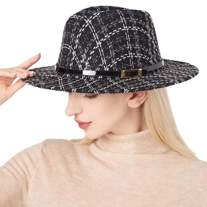 Belt Band Accented Check Patterned Fedora Hat