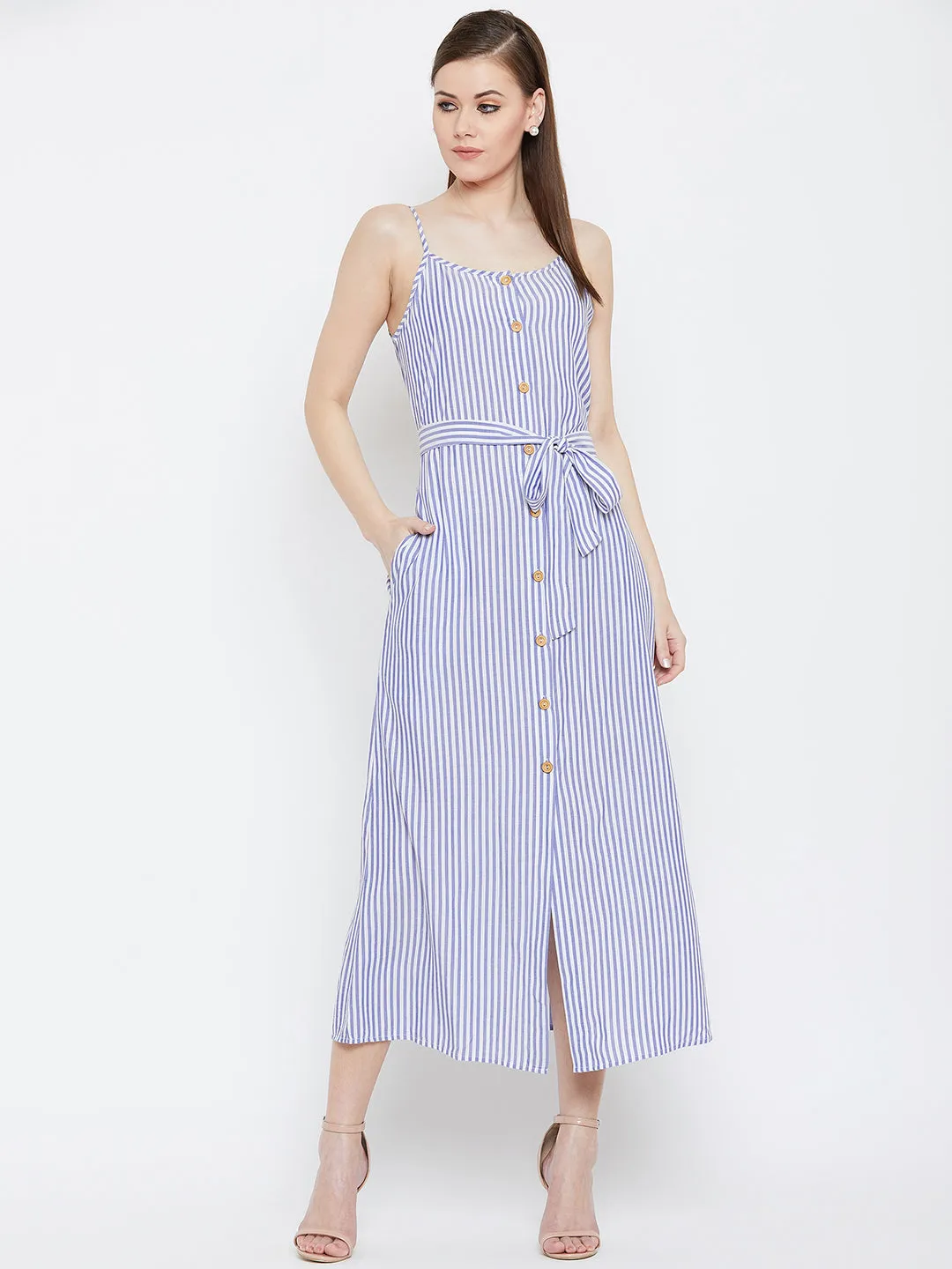 Berrylush Women Blue & White Striped Patterned Round Neck A-Line Waist Tie-Up Midi Dress