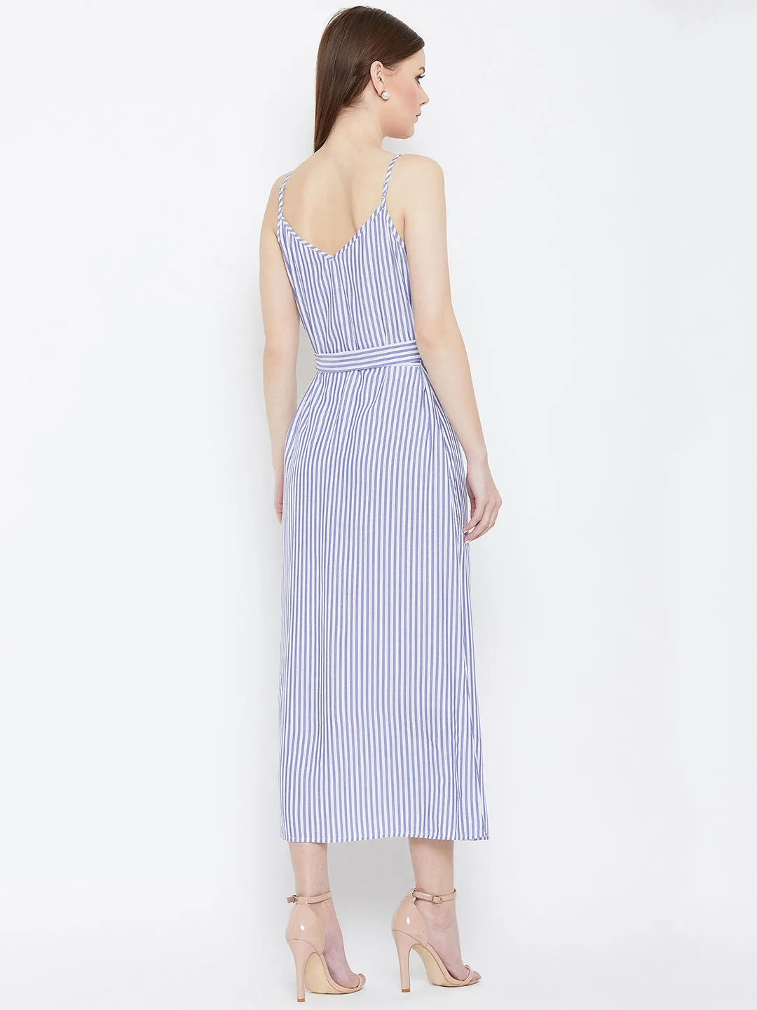 Berrylush Women Blue & White Striped Patterned Round Neck A-Line Waist Tie-Up Midi Dress