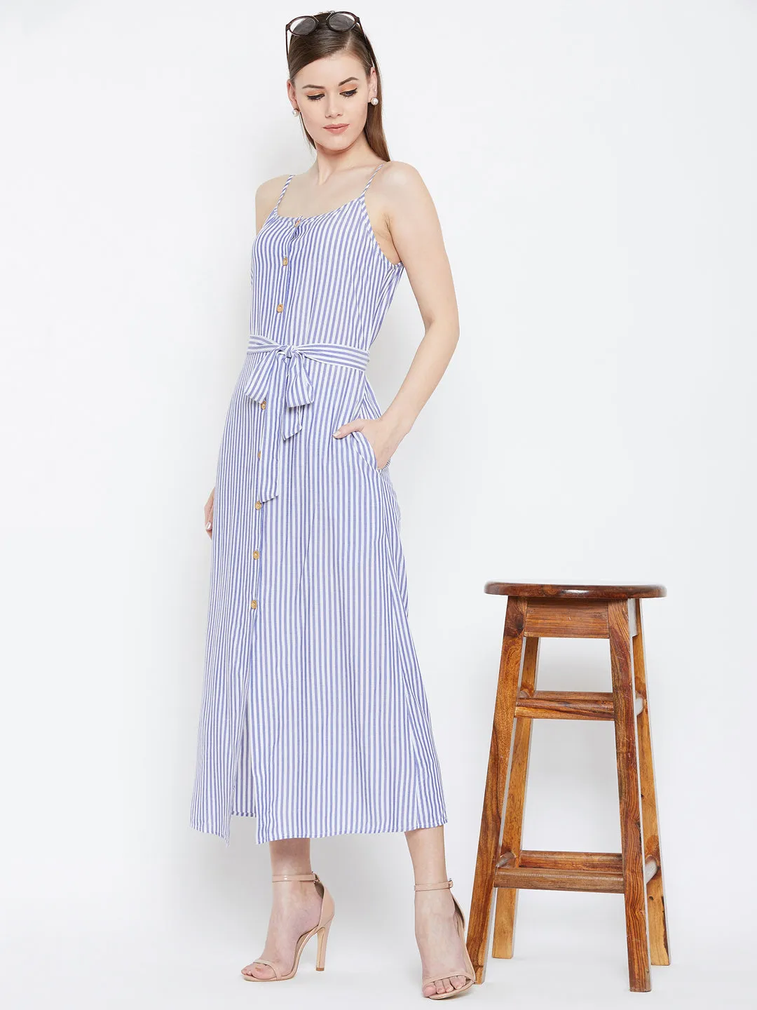 Berrylush Women Blue & White Striped Patterned Round Neck A-Line Waist Tie-Up Midi Dress