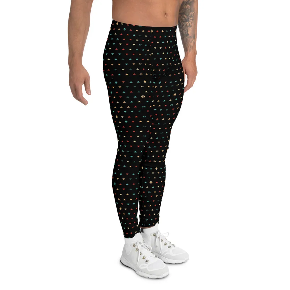 Black Geometry Pattern Men's Leggings, Designer Stylish Meggings Running Compression Tights