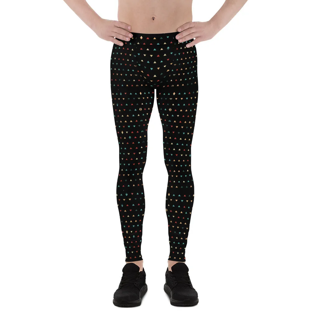 Black Geometry Pattern Men's Leggings, Designer Stylish Meggings Running Compression Tights