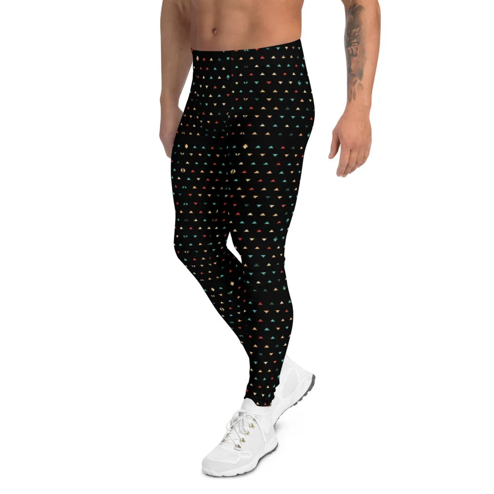 Black Geometry Pattern Men's Leggings, Designer Stylish Meggings Running Compression Tights