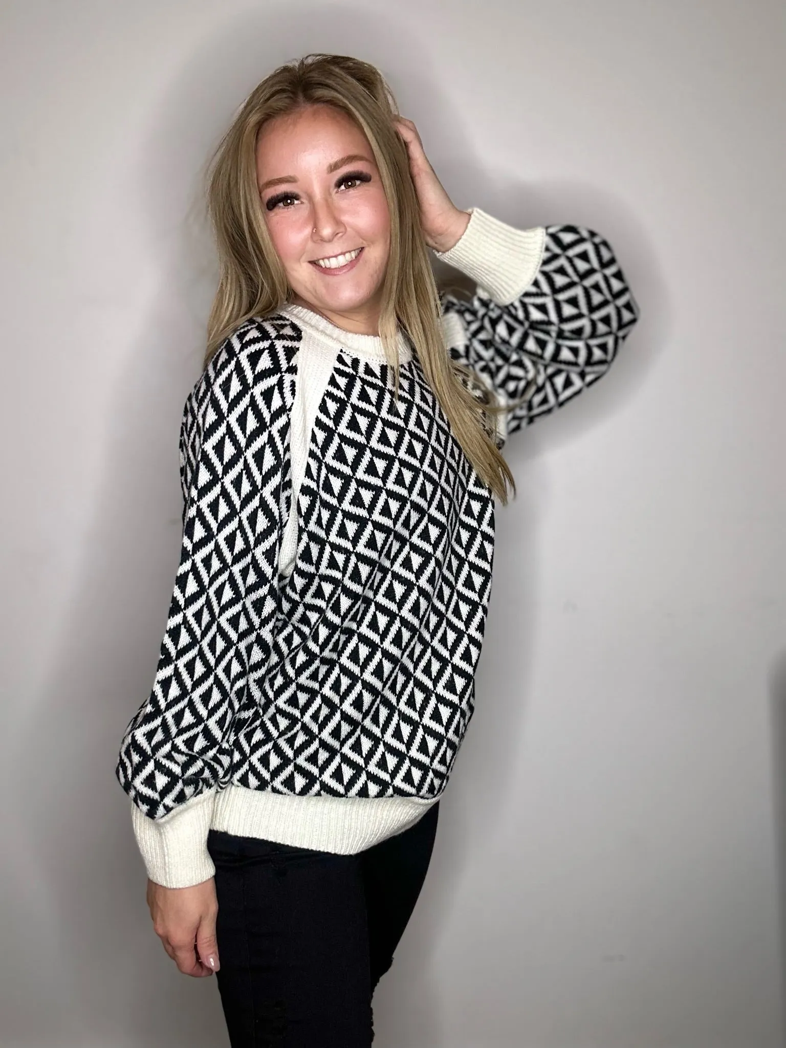 Black Patterned Sweater Top