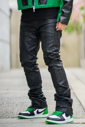 Black Stacked Pants in Patterned Stretch Twill