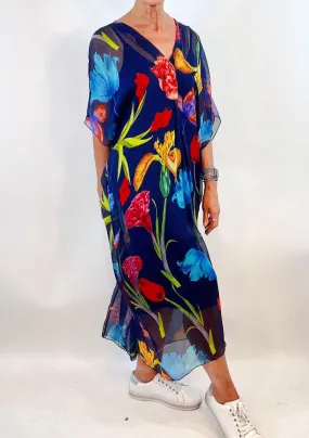 Bloom Loose Silky Dress - Navy Bright