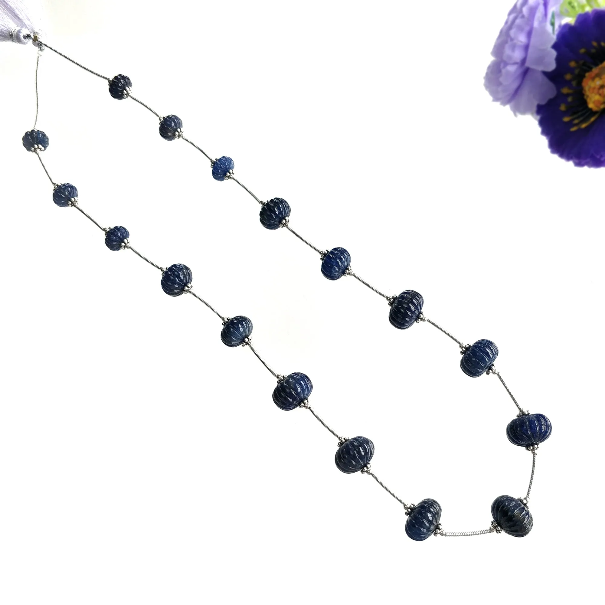 BLUE SAPPHIRE Gemstone Carving Loose Beads: 151.00cts Natural Untreated Sapphire Round Shape Hand Carved Melon Beads 8mm - 12mm For Necklace