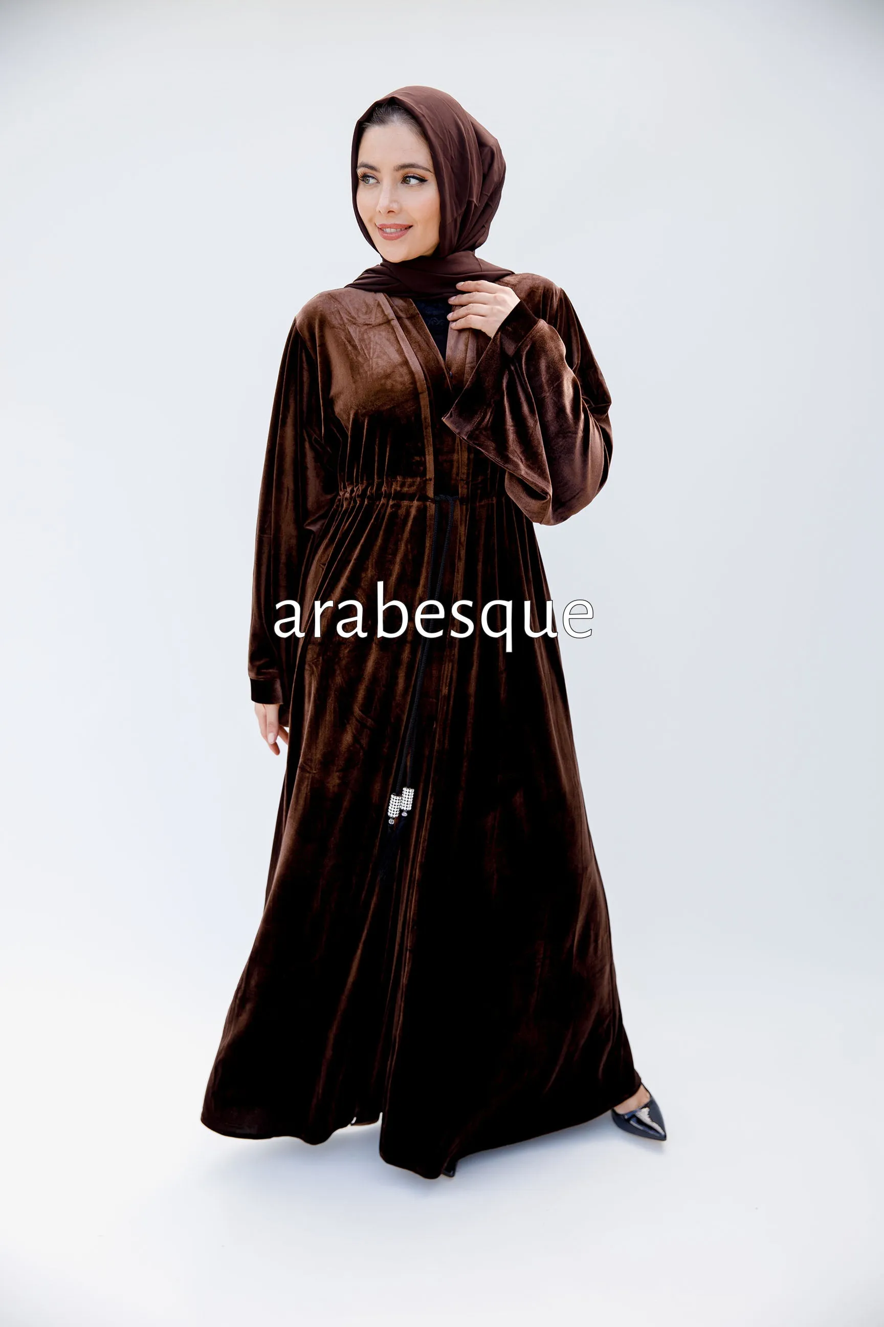 Brown Plain Velvet Open Abaya