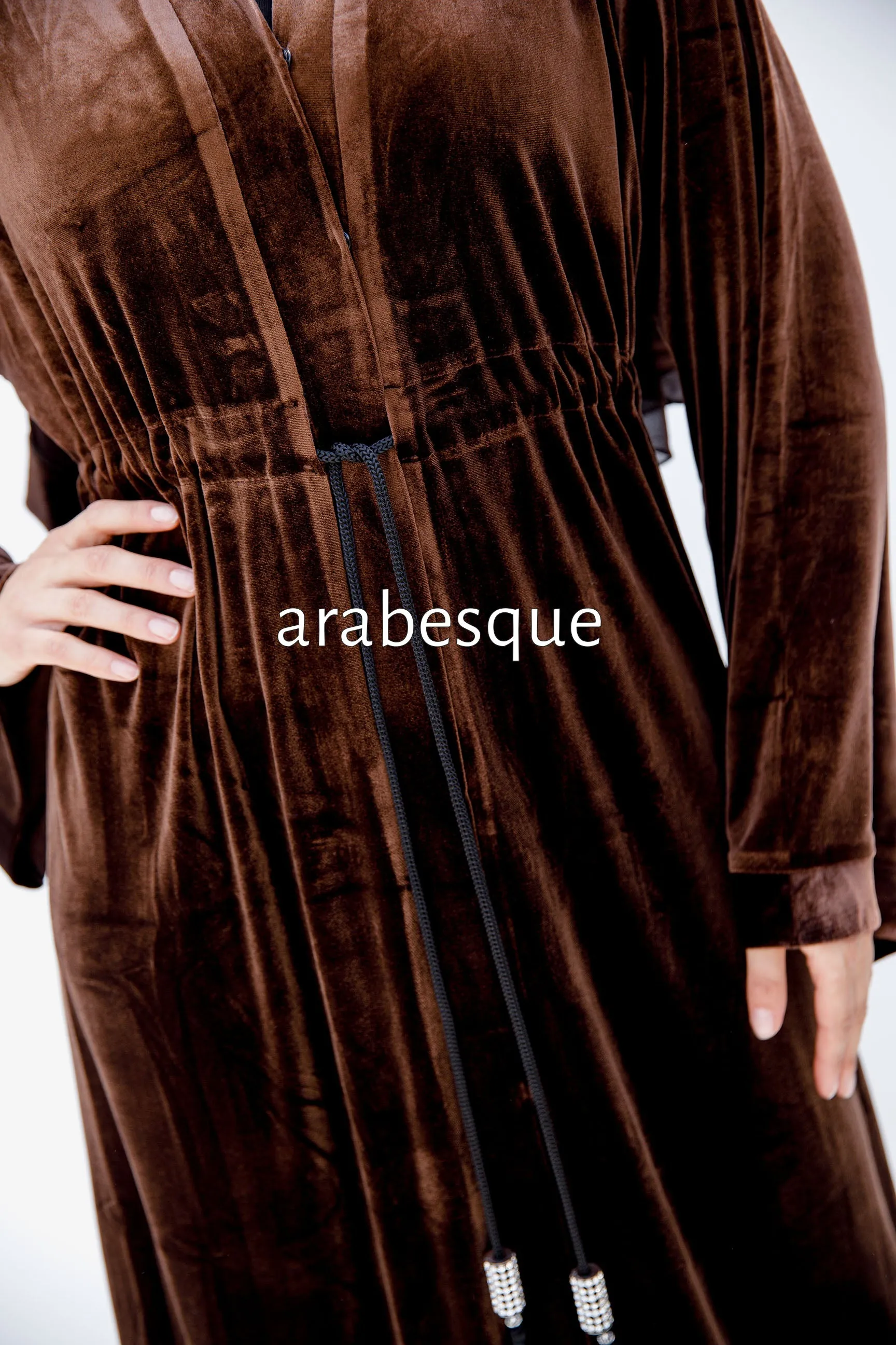 Brown Plain Velvet Open Abaya