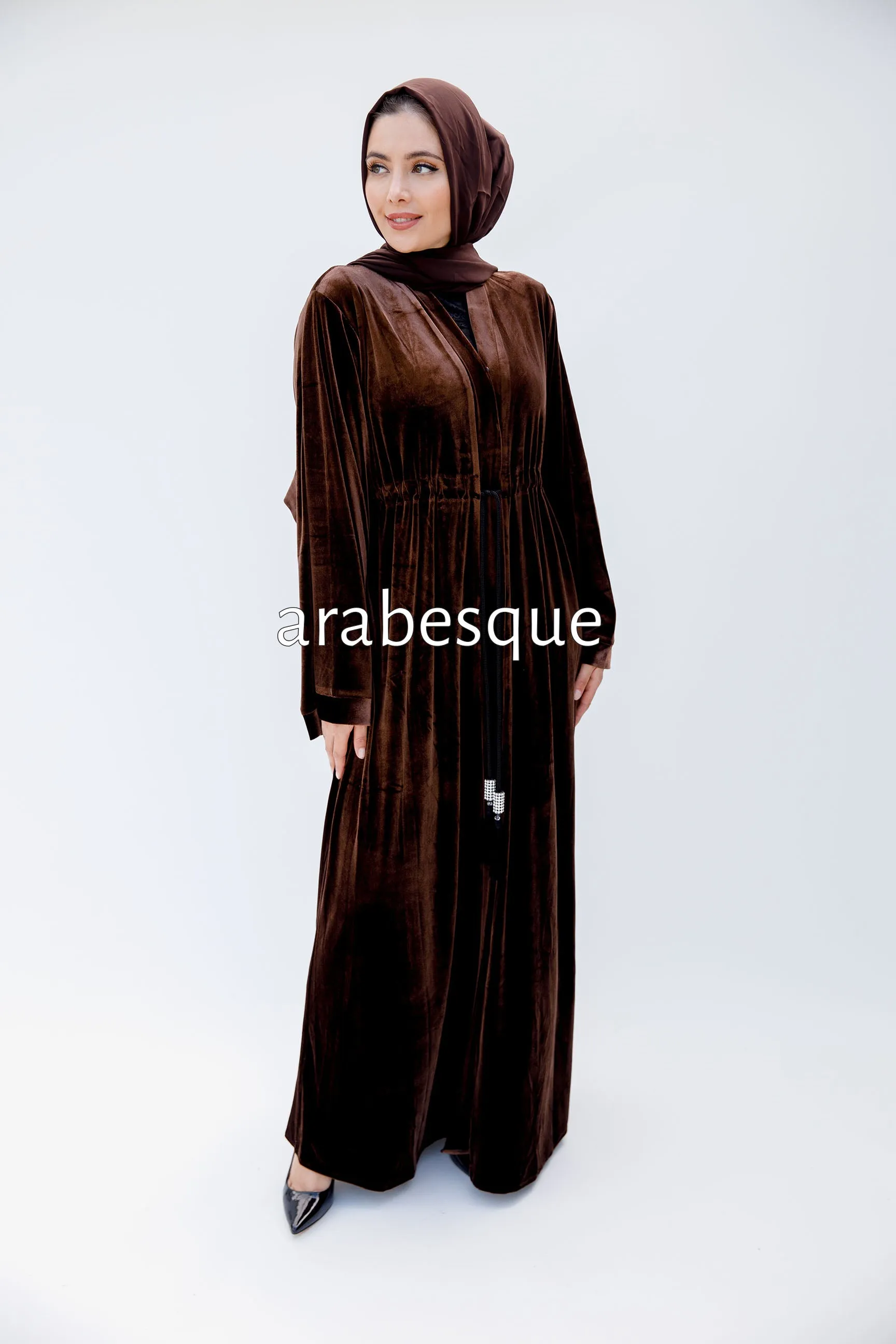 Brown Plain Velvet Open Abaya