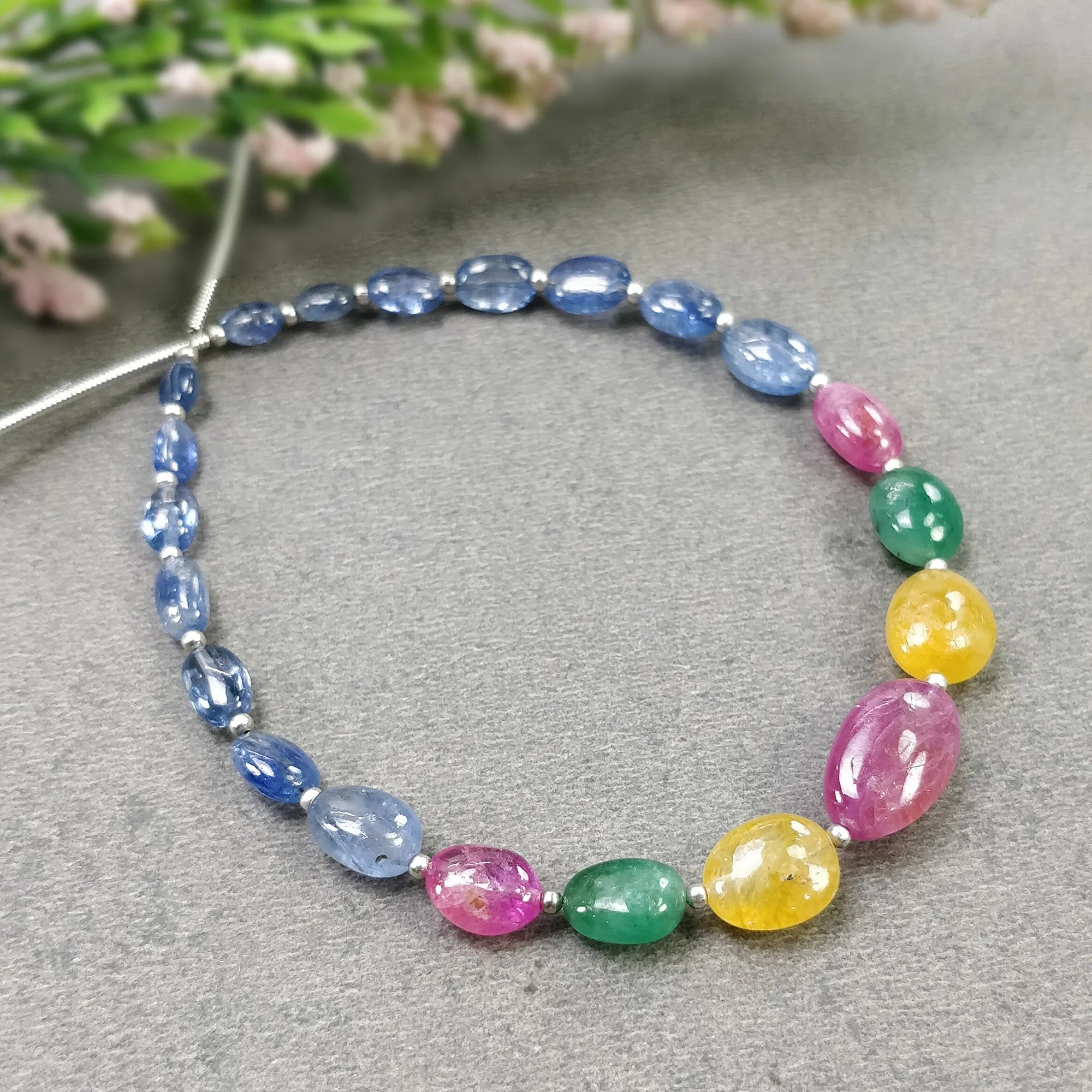 BURMESE Pink Blue & Yellow SAPPHIRE EMERALD Loose Beads : 41.00cts Natural Untreated Oval Plain Nuggets 5*4mm - 13*8.5mm 7.28"