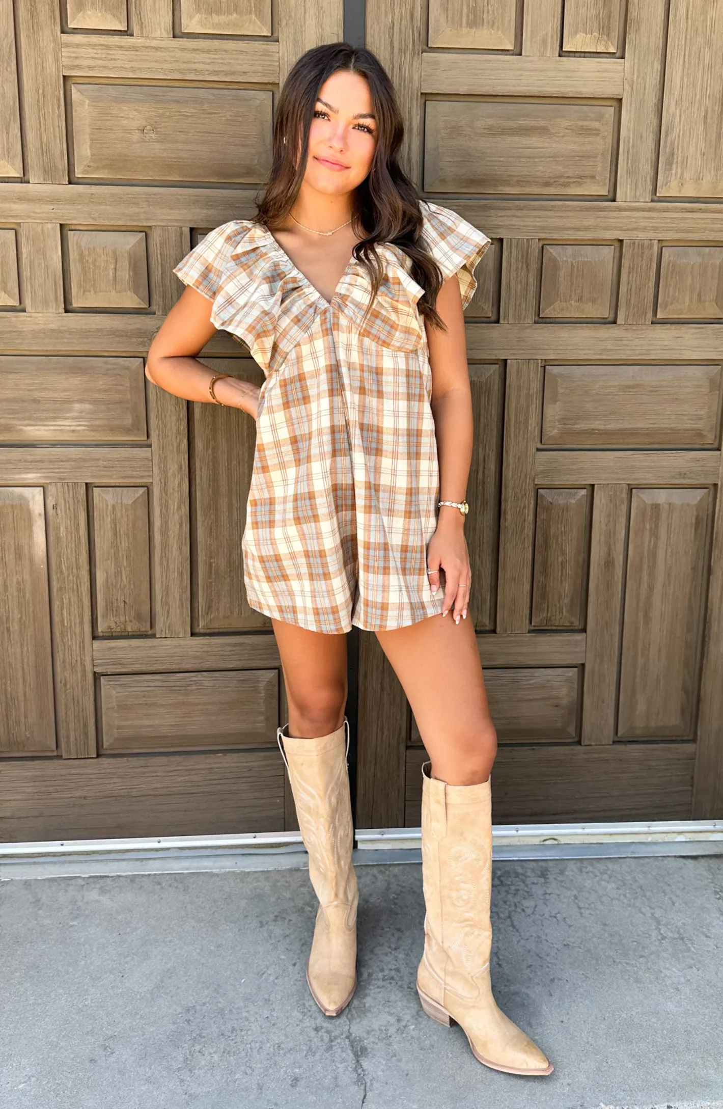 Cafe Run Brown Plaid Romper