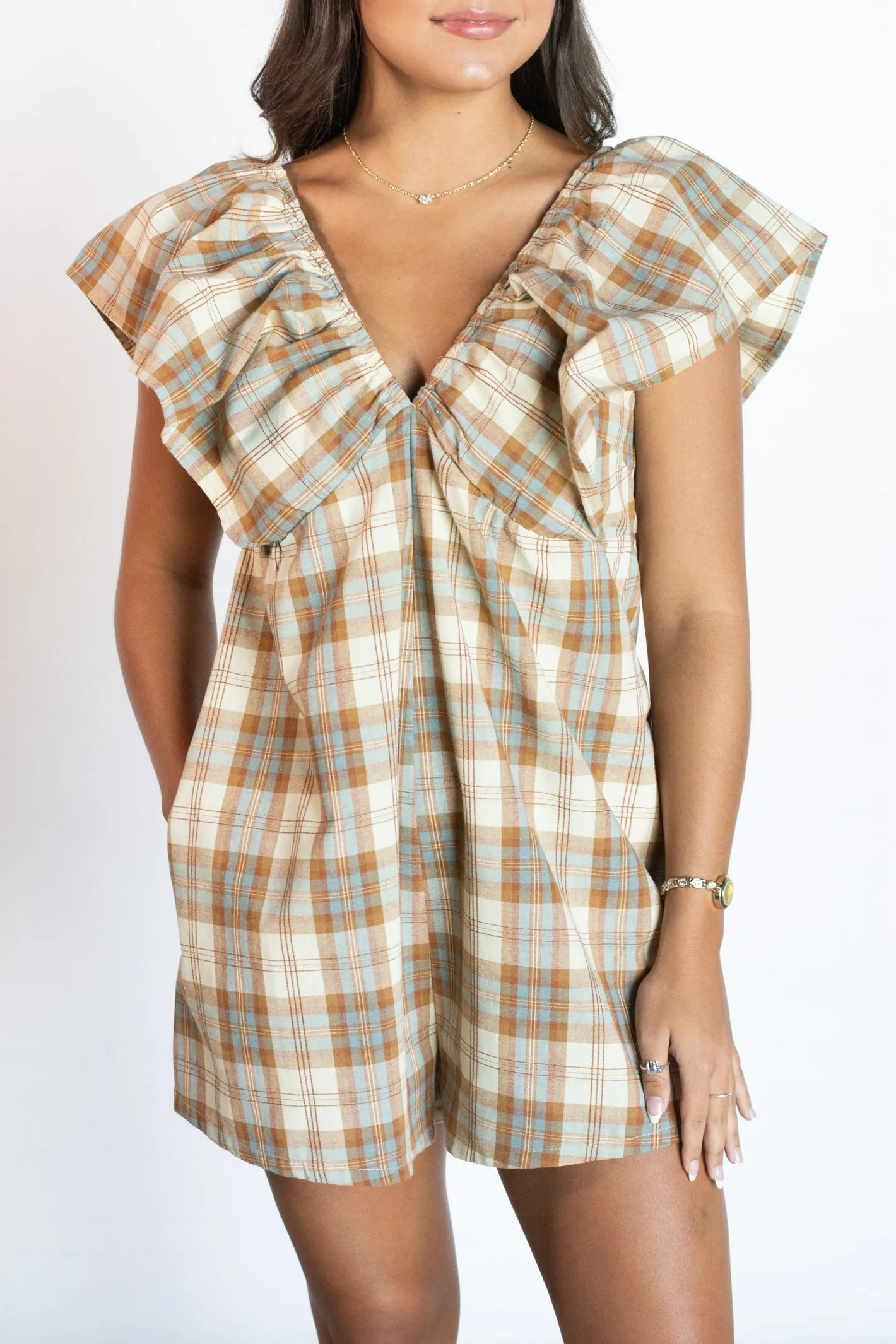 Cafe Run Brown Plaid Romper