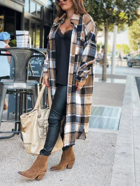 Casual Long Sleeve Loose Button Down Long Plaid Outerwear