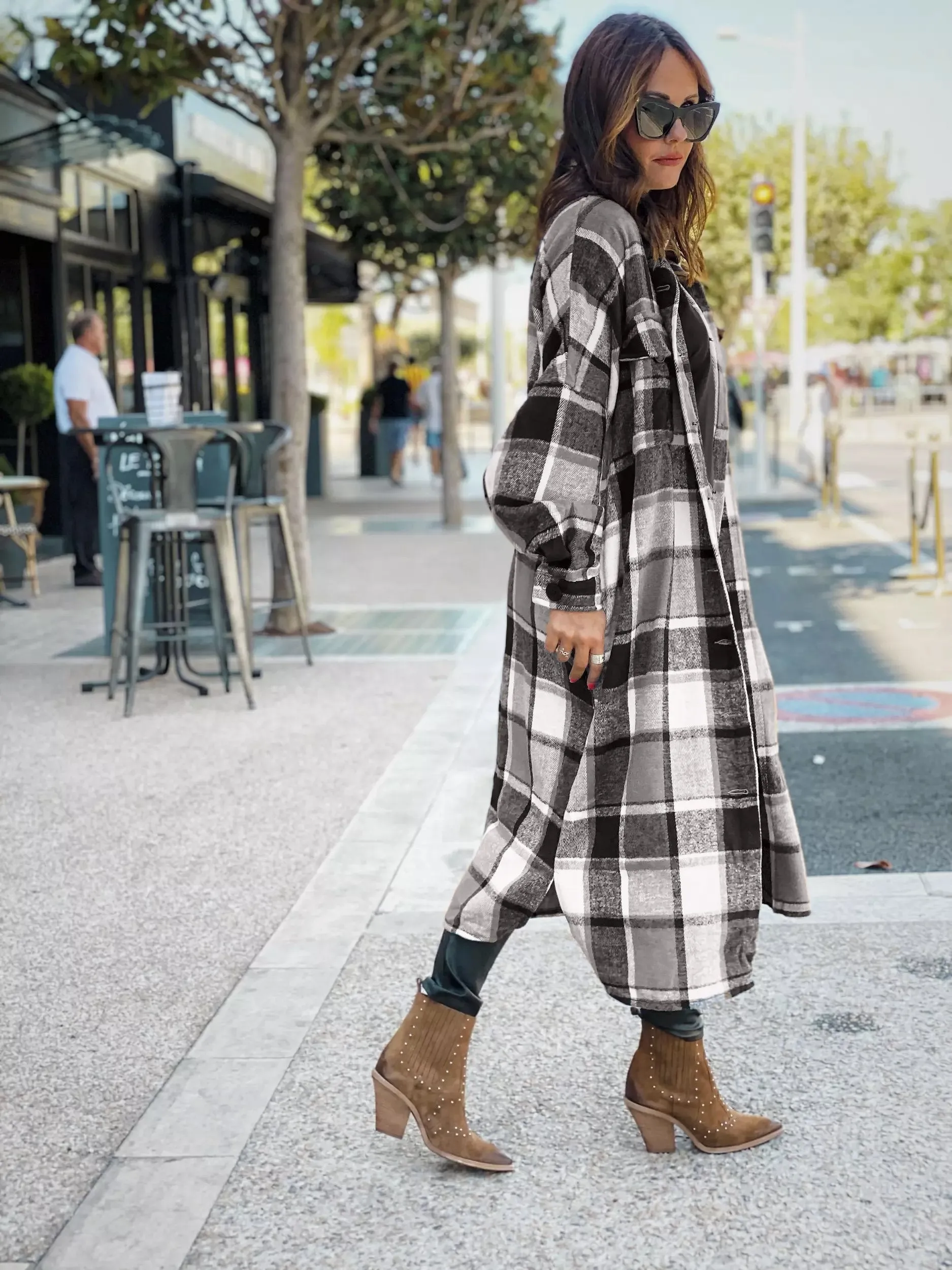 Casual Long Sleeve Loose Button Down Long Plaid Outerwear