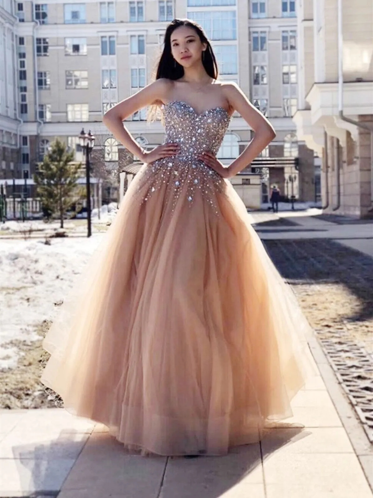 champagne Stylish Sweetheart Neck Tulle Beads Long Prom Dress, Sweetheart Neck Tulle Beads Long Evening Dress