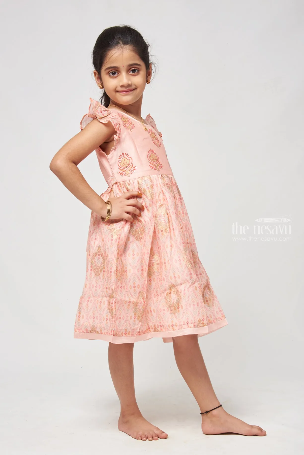 Charming Salmon Pink Block Printed Chanderi Frock - Stylish Girls Dress