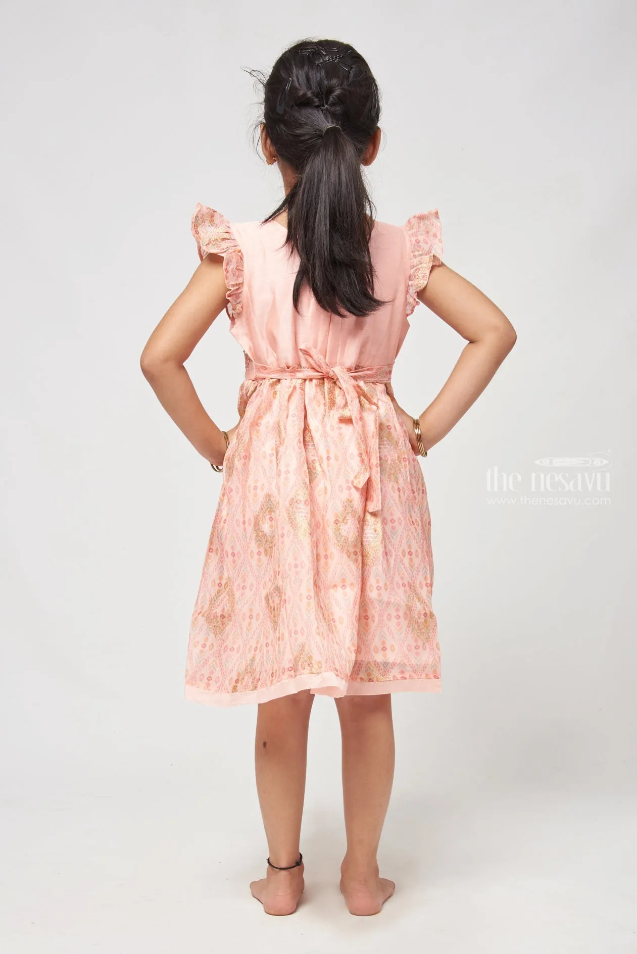 Charming Salmon Pink Block Printed Chanderi Frock - Stylish Girls Dress