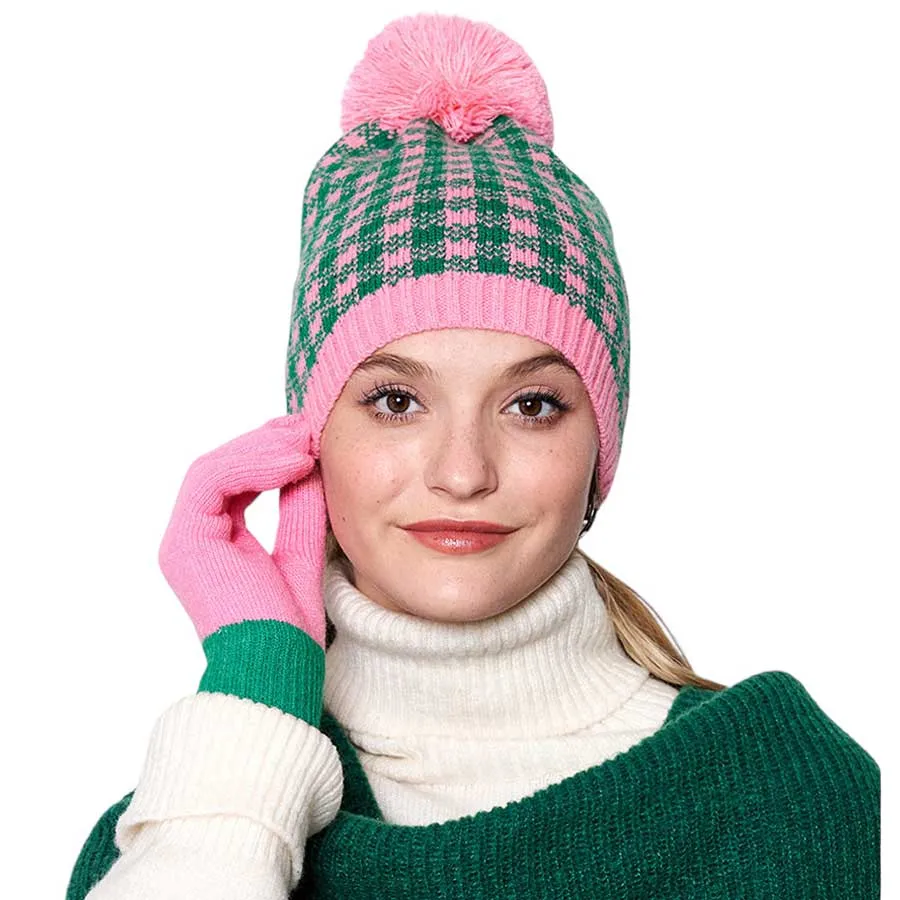 Check Patterned Pom Pom Beanie Hat