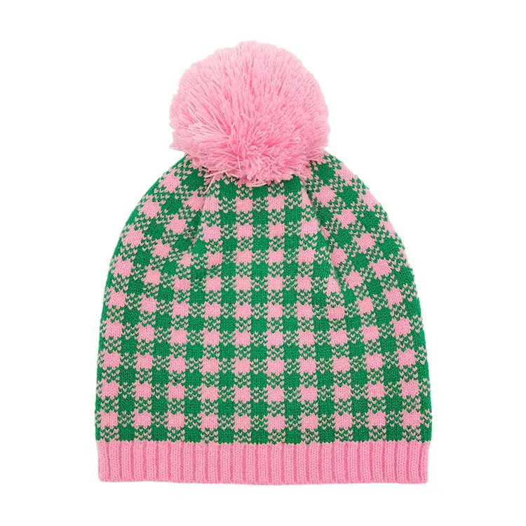 Check Patterned Pom Pom Beanie Hat