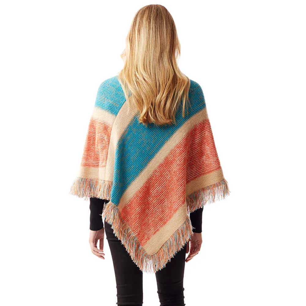 Colorful Vertical Stripe Patterned Poncho with Fringe