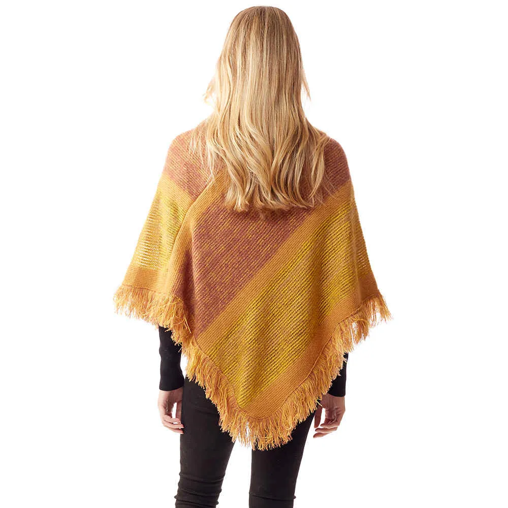 Colorful Vertical Stripe Patterned Poncho with Fringe