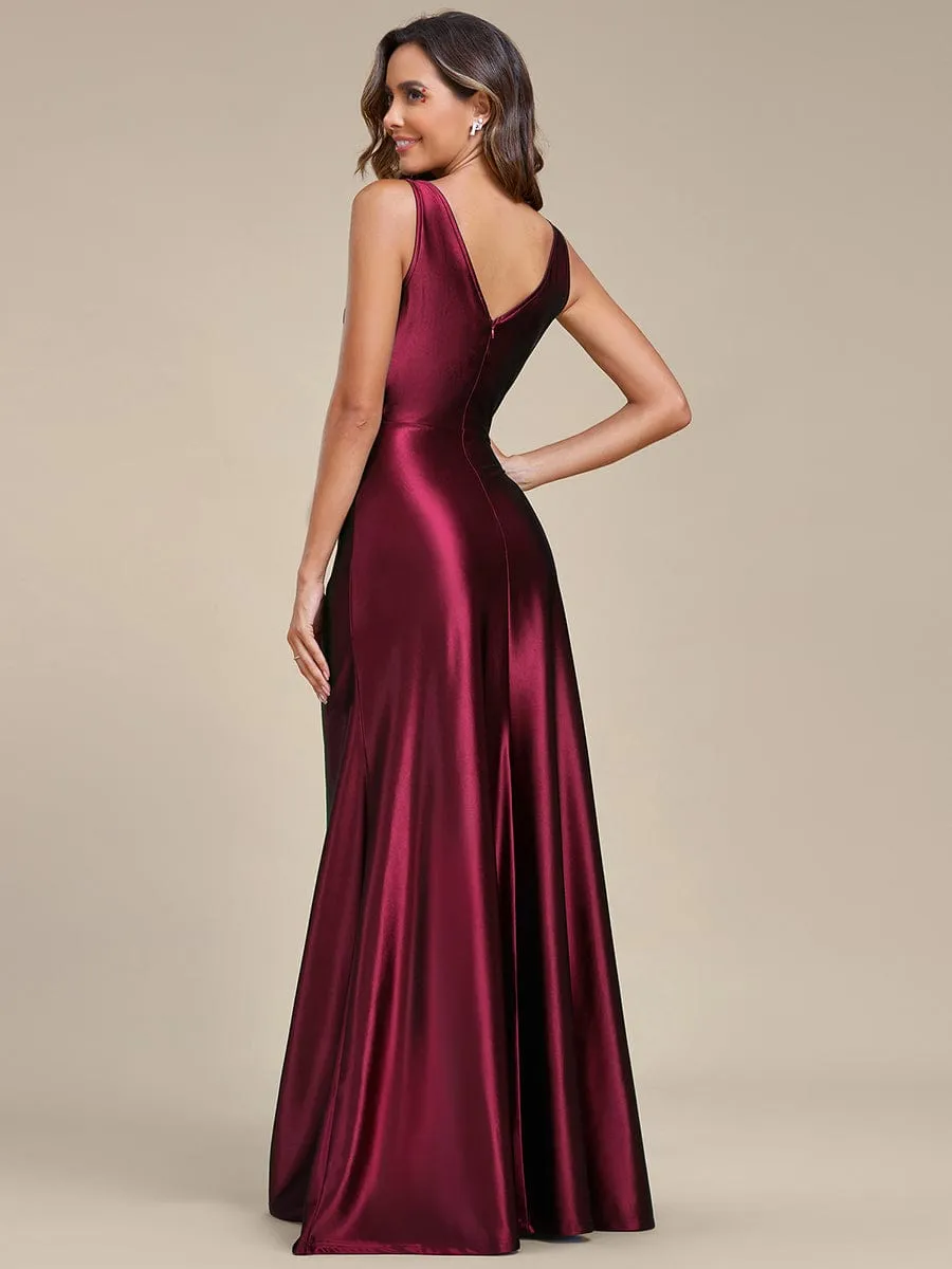 Deep V-Neck Stylish Waist Pleated High Slit Satin Evening Dress