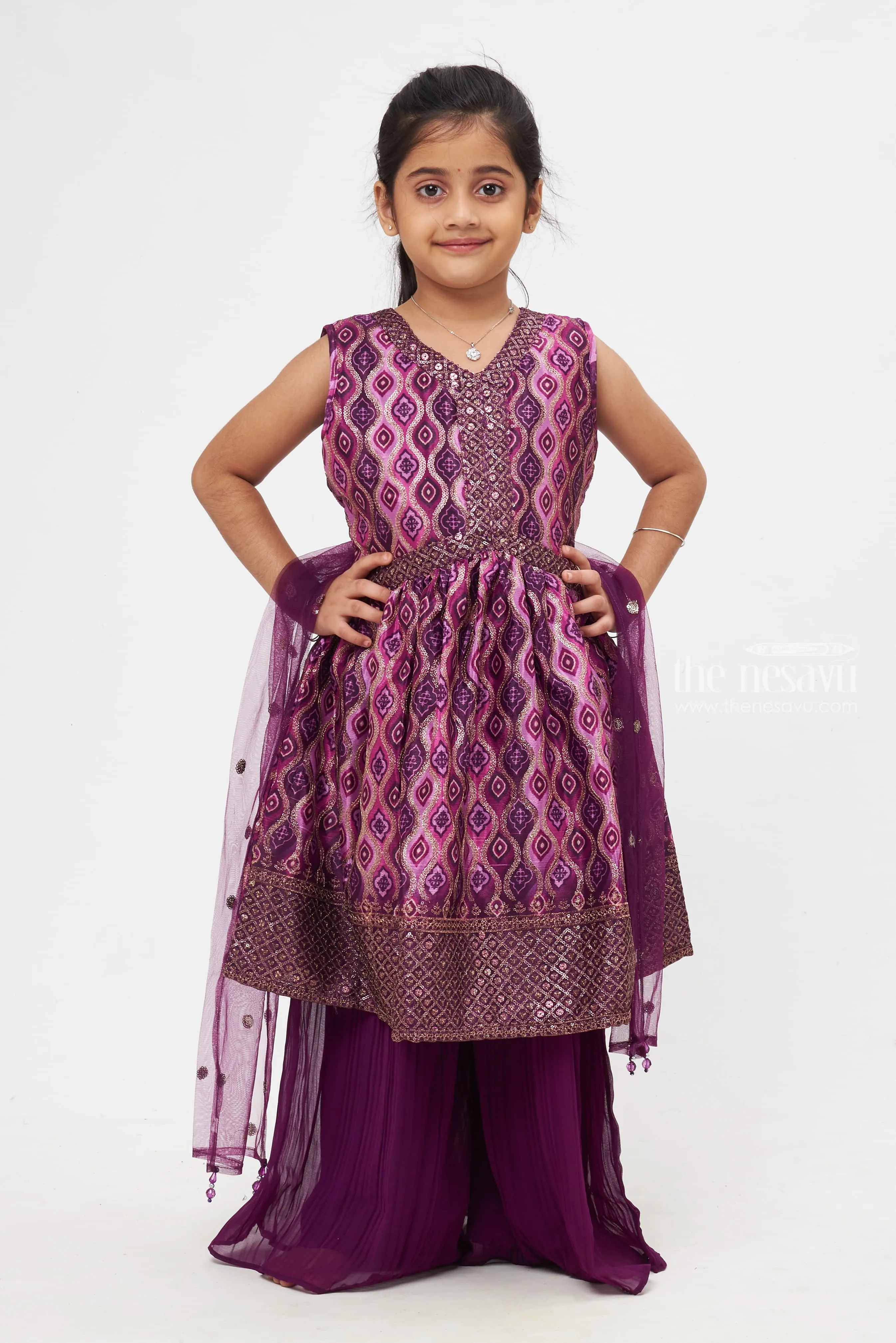 Elegant Purple Patterned Dress with Flared Palazzos for Girls