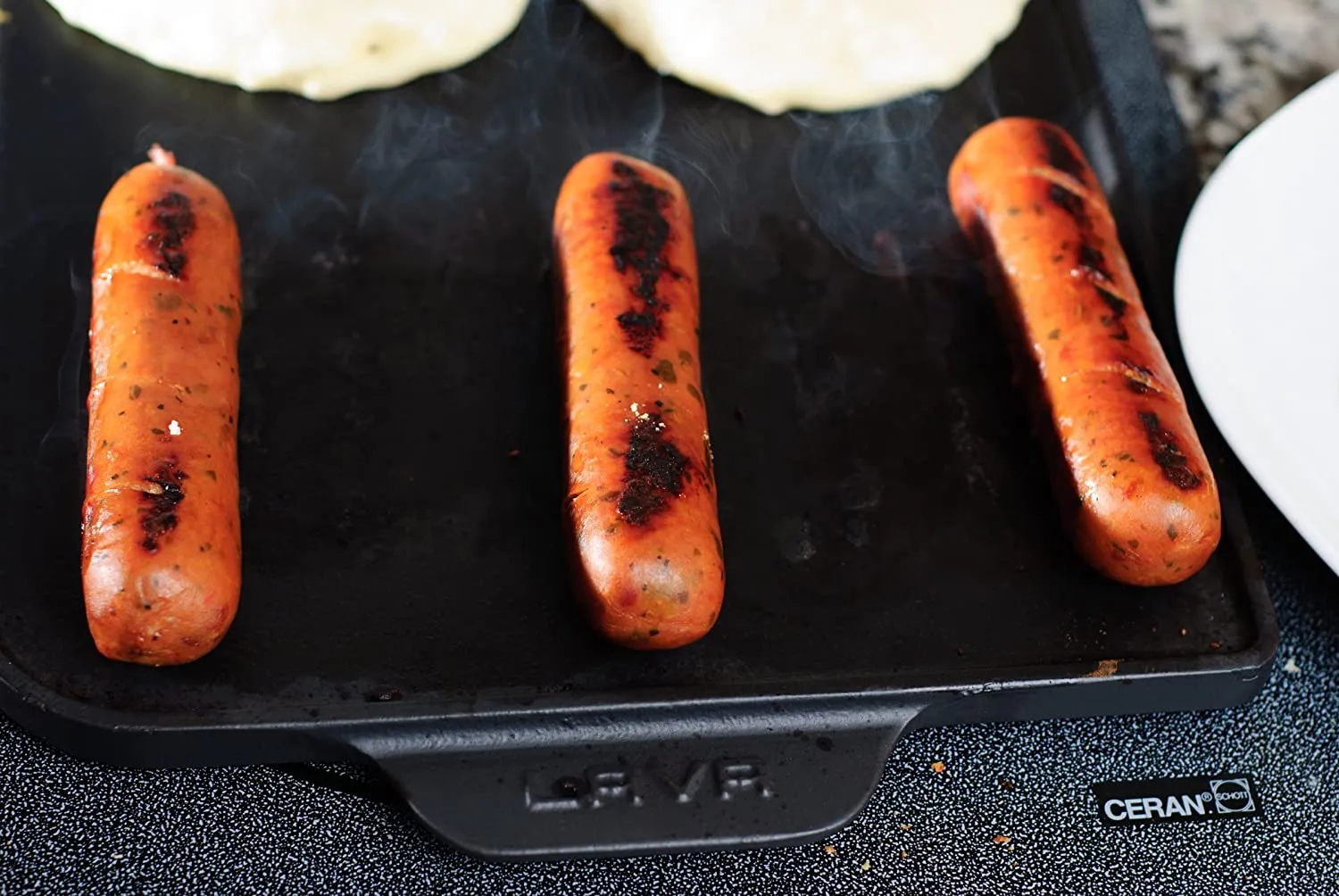 ENAMELED CAST IRON REVERSIBLE GRILL & GRIDDLE PLATE  W/ HANDLES - 26 x 47 CM / 10.2 x 18.5