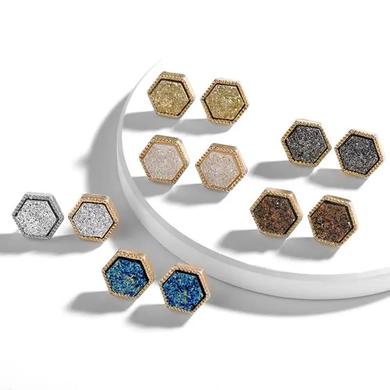 Hexagon Geometric Rock Style Stud Earrings - 4 Colors