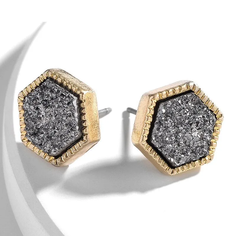 Hexagon Geometric Rock Style Stud Earrings - 4 Colors