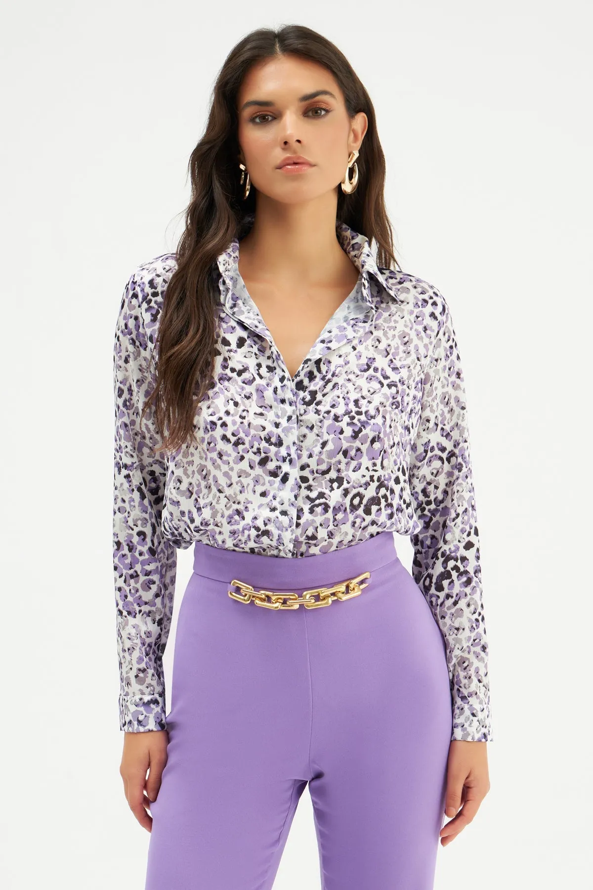 Leopard Patterned Plain Shirt - Lilac