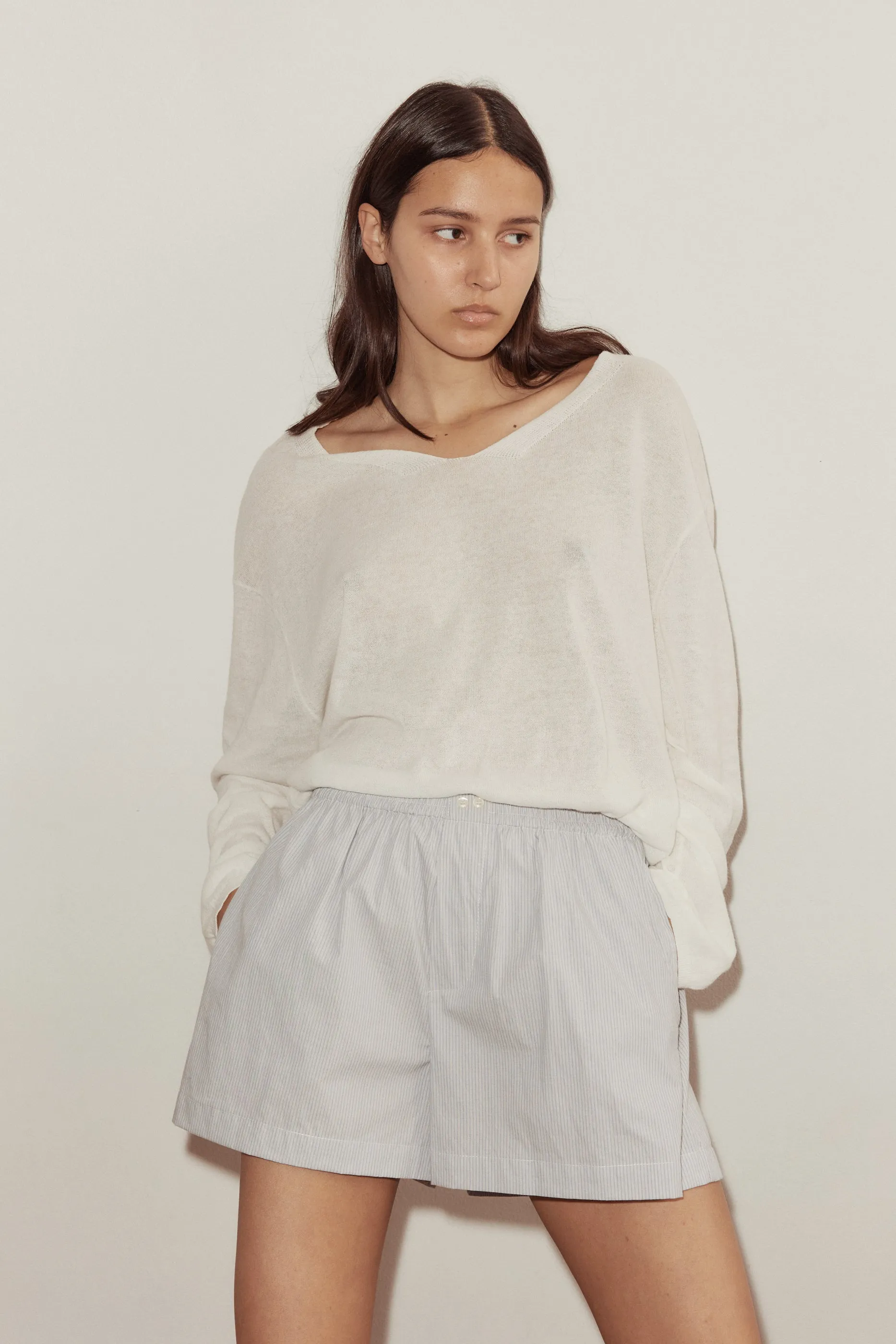 Loose Long Sleeve Knitted Top - White