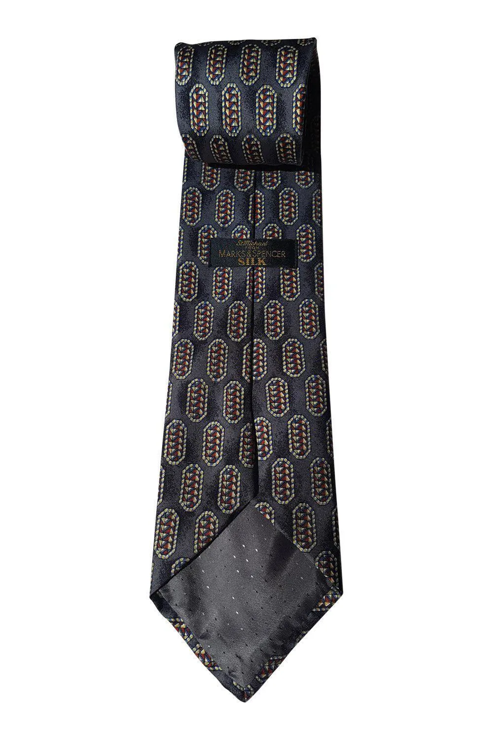 MARKS & SPENCER 100% Silk Geometric Patterned Grey Tie (58.5")