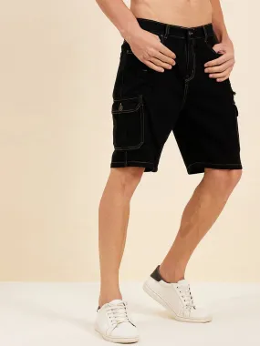 Men Black Denim Box Pocket Shorts