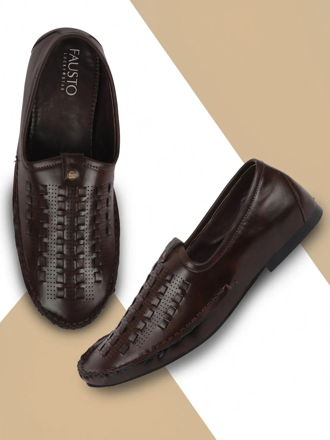 Men Ethnic Brown Stitched Juttis & Mojaris