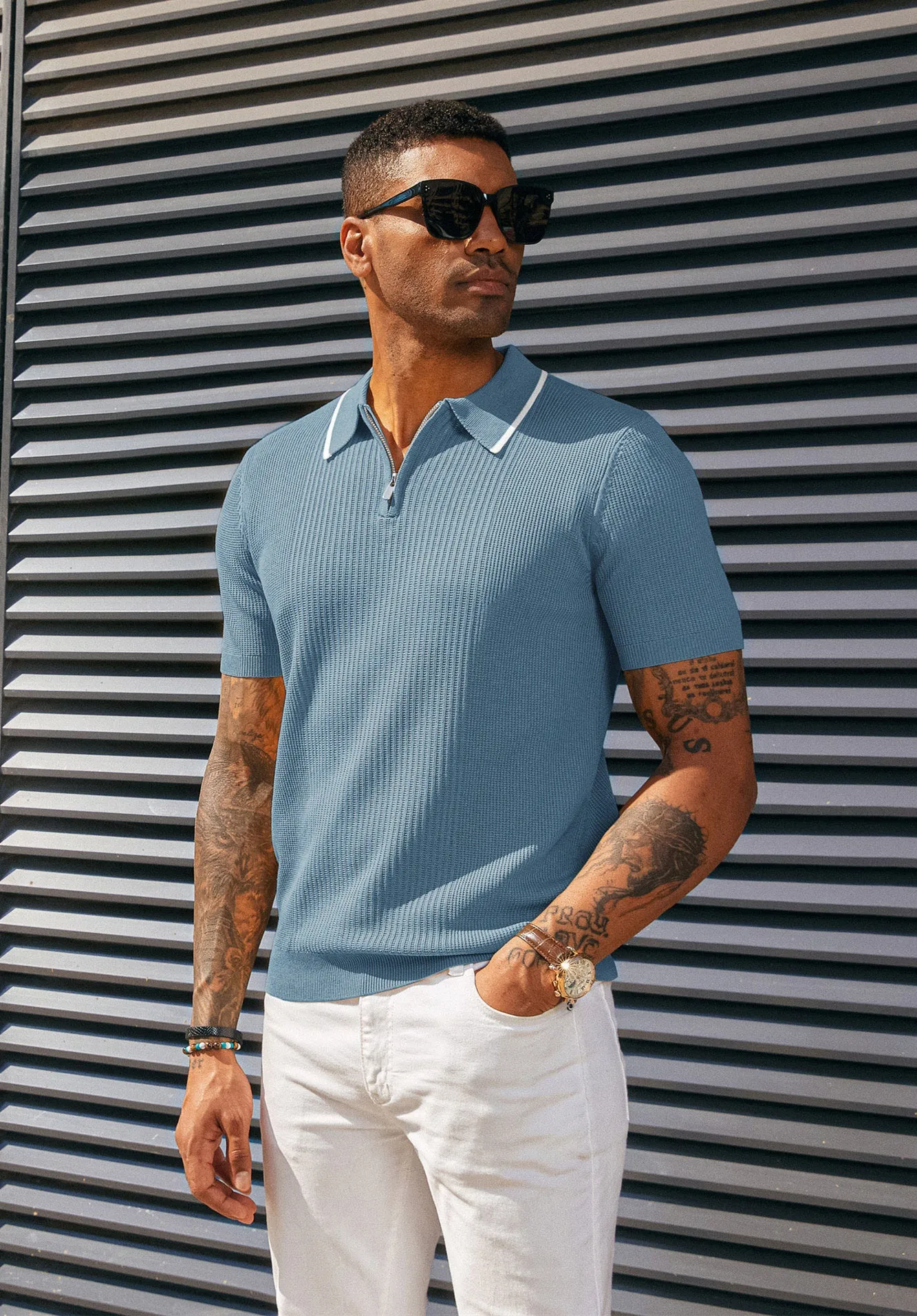 Men Stylish Lapel Collar Knitted Polo-Shirt Short Sleeve Zip-up Neck Knitwear