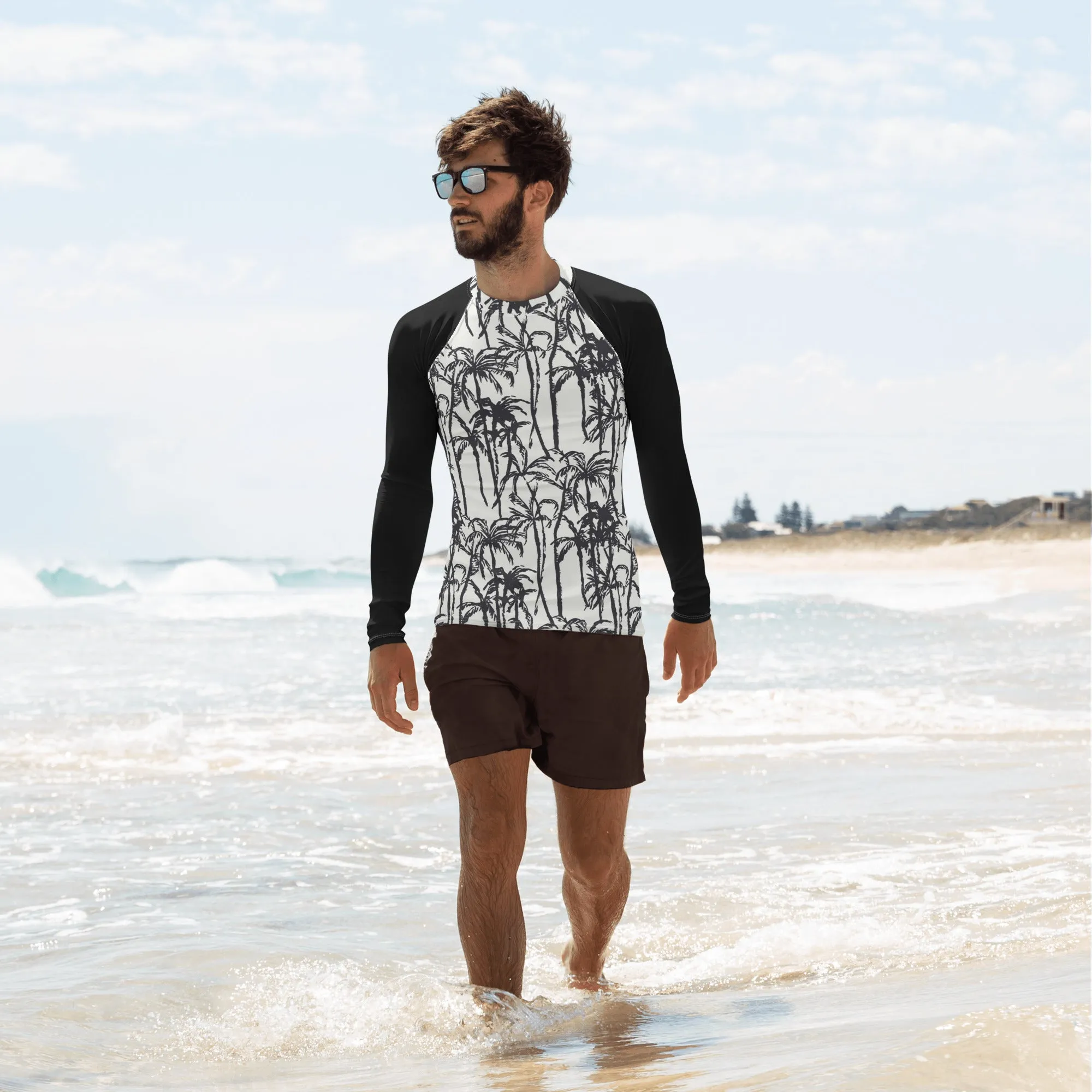 Men's Black White Patterned Rash Guard