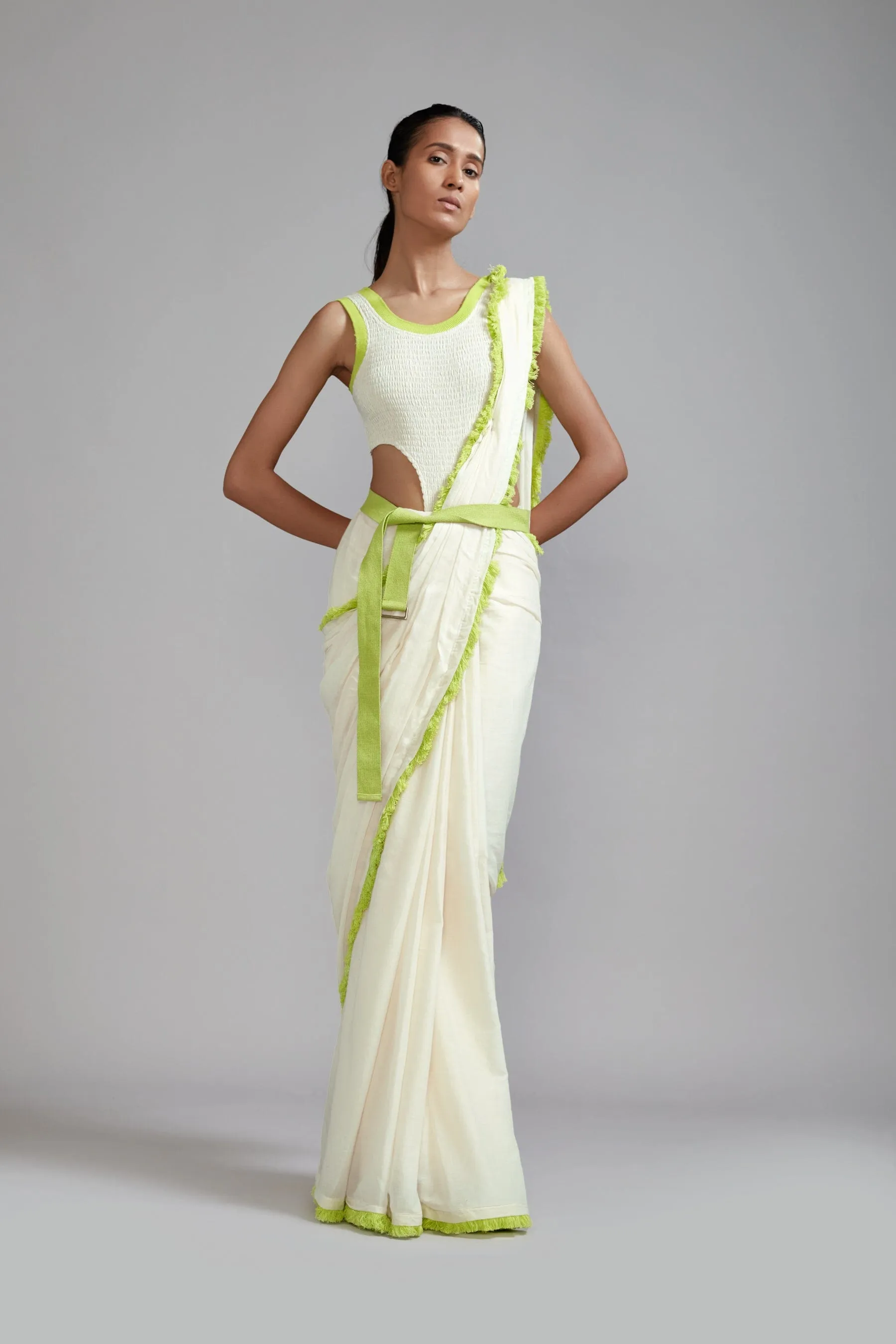 Off-White with Neon Green Fringed Saree