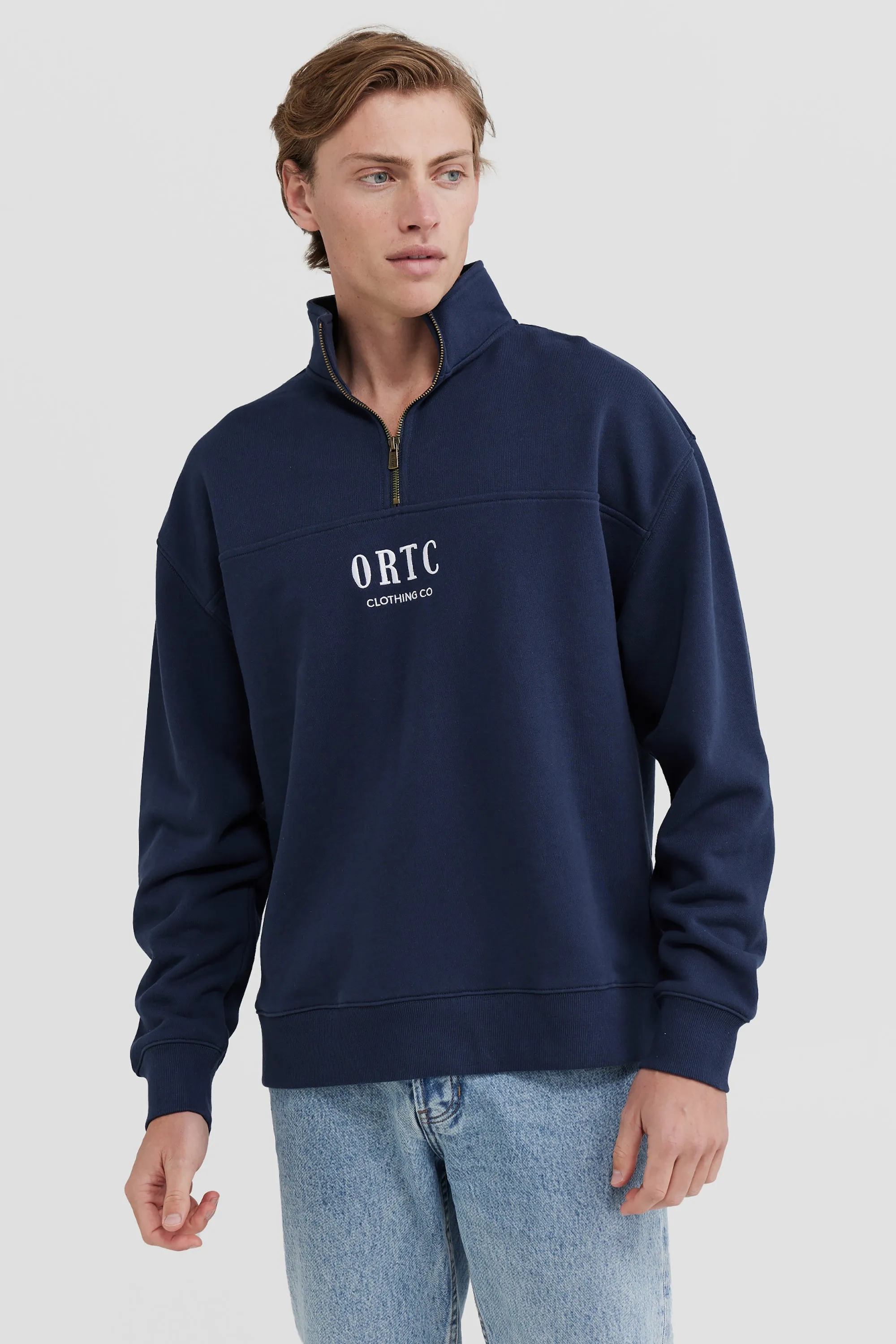 Oversized Logo Quarter Zip Navy