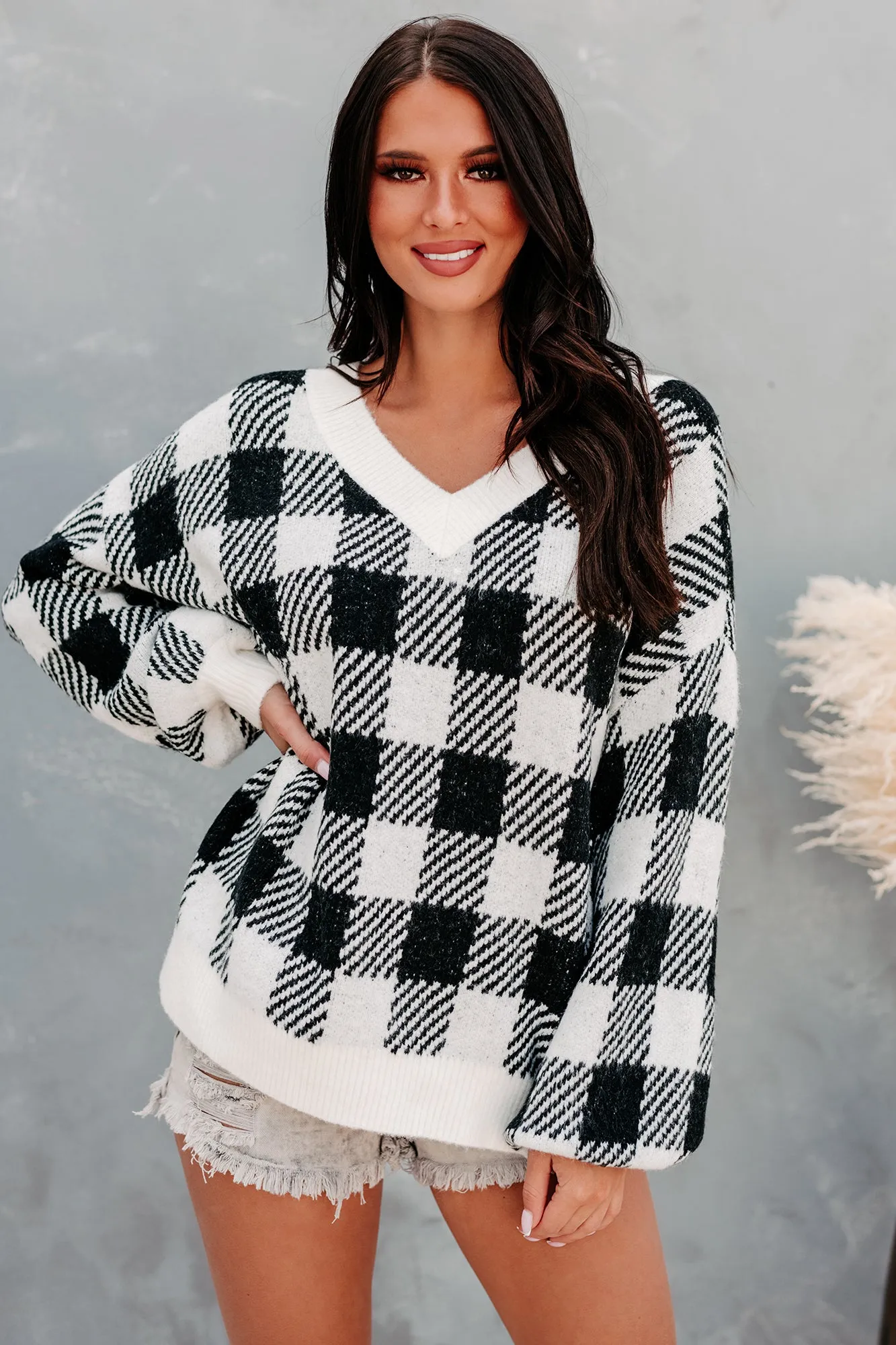 "Breaking Plaid" Plaid V-Neck Sweater (Black)