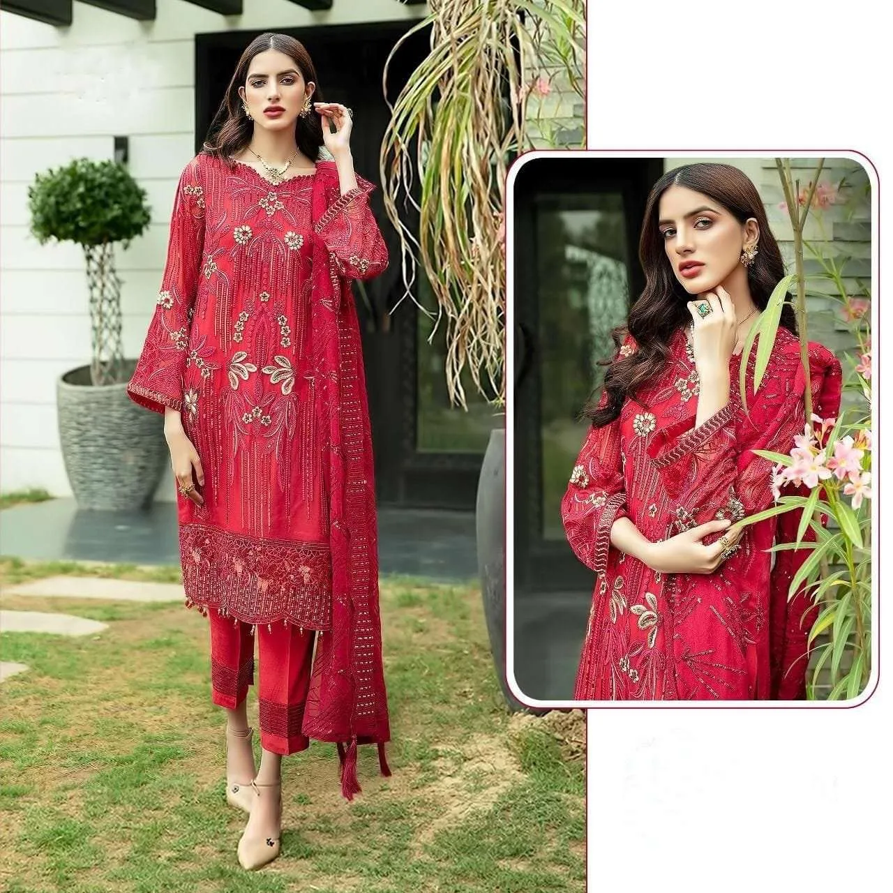 Red Heavy Embroidery Partywear Pakistani Style Suit